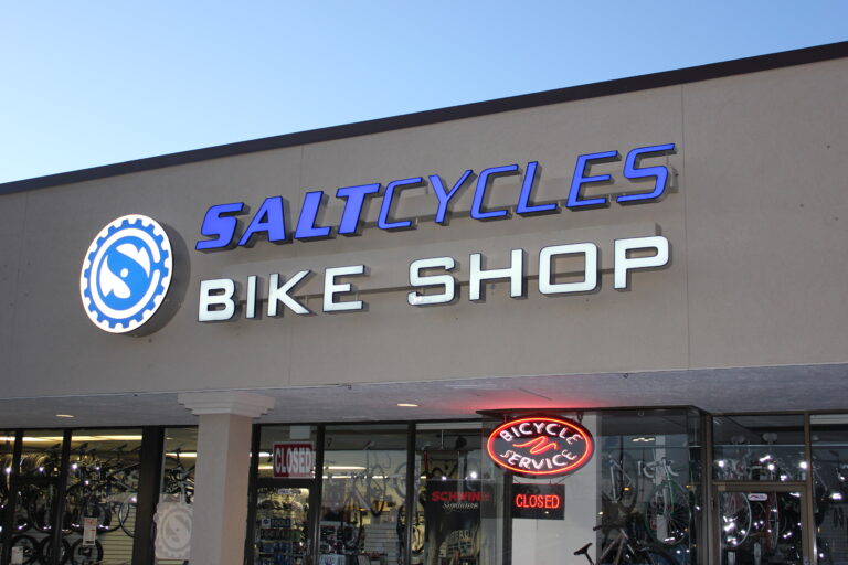 SaltCycles Bike Shop backlit 3D lettering sign
